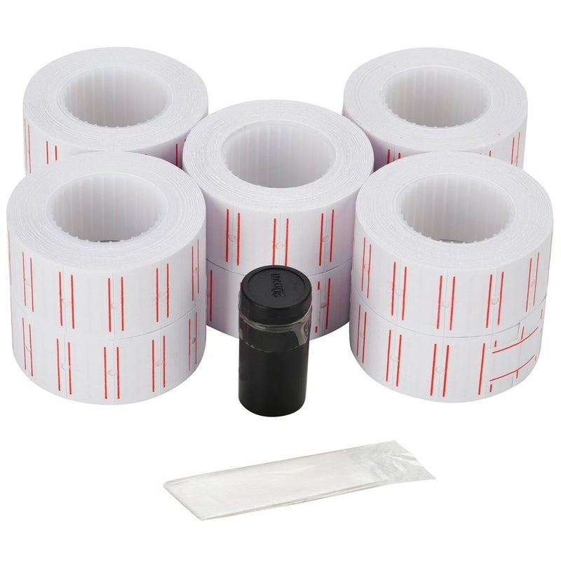 MFLABEL 10 Rolls 6000 White Price Gun Labels for Mx-5500 - with Double Red Line Visibility, Refill Ink Roll & Disposable Gloves for Easy Loading - Image 1